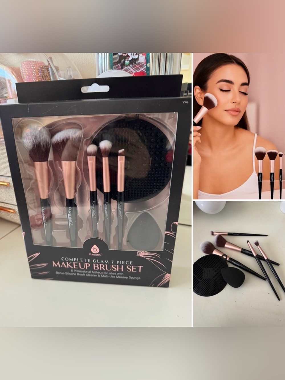 Pursonic Complete Glam 7 Piece Makeup Brush Set Rose Gold & Black